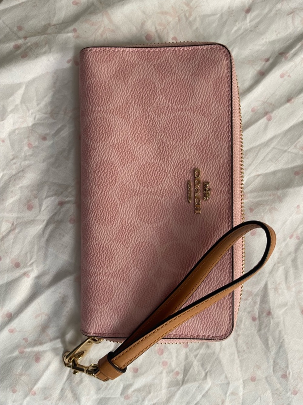 Coach Pink Leather Zip-Around Wristlet with Tan Strap